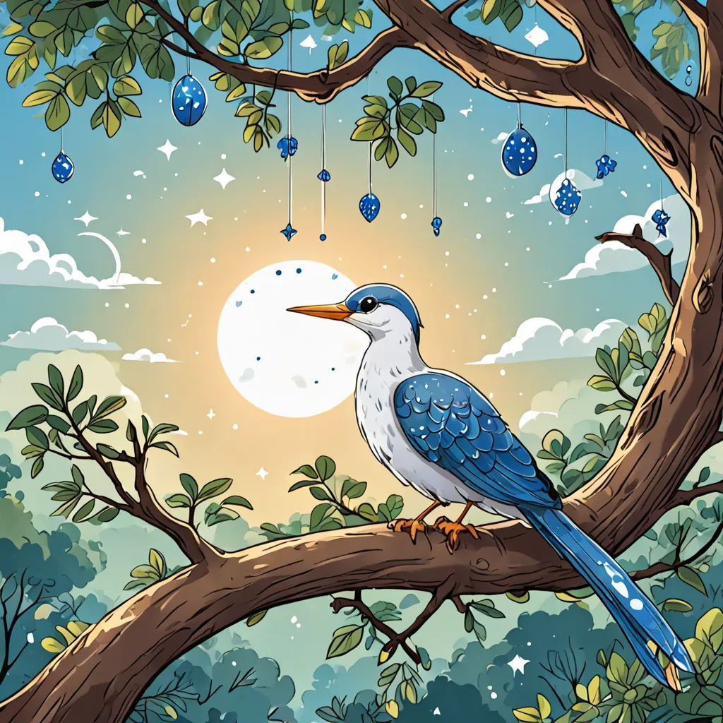a bird sitting on a branch of a tree with a full moon in the background and blue baubons hanging from the branches, fantasy art, a storybook illustration, Chris LaBrooy, detailed illustration