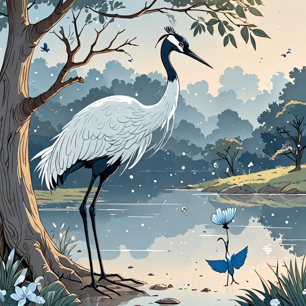a bird standing on a tree branch next to a lake with a blue butterfly flying by it and a tree with a few leaves, ukiyo-e, a storybook illustration, Charles Bird King, birds