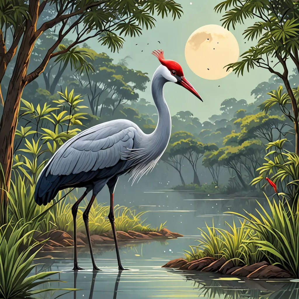 a painting of a bird standing in a swampy area with a full moon in the background and trees, fantasy art, a digital painting, Chris LaBrooy, highly detailed digital painting