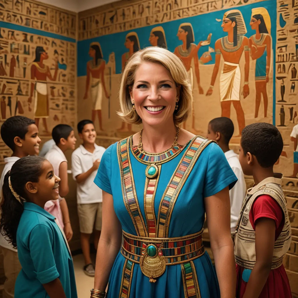 a woman in a blue dress standing in front of a wall with egyptian paintings on it and children looking on, naive art, egyptian art, Evelyn Abelson, promotional image