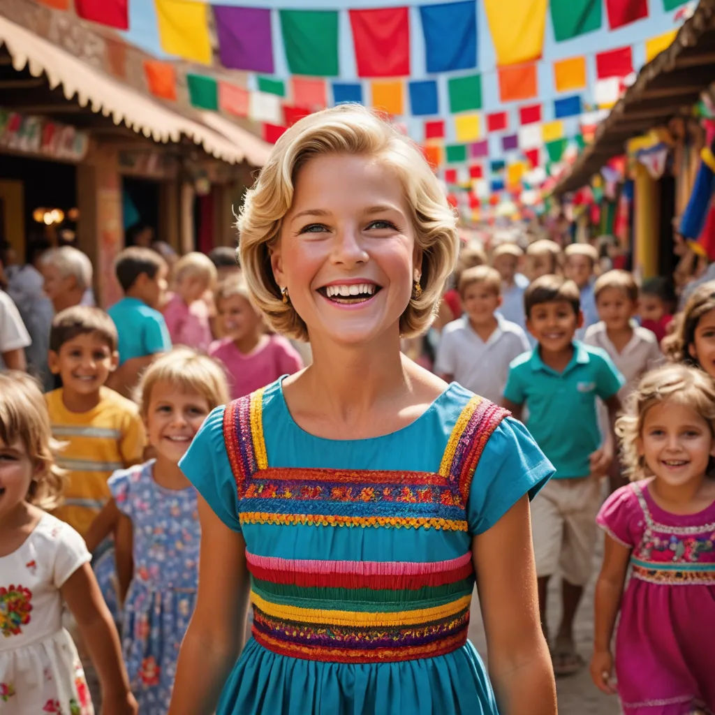 a young girl smiles as she stands in front of a group of children in a colorful dress and bunting, kitsch movement, a poster, disney, promotional image