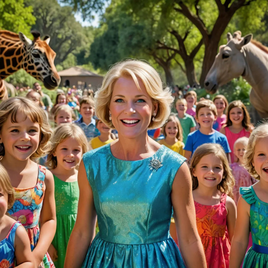 a woman standing in front of a group of children in front of a giraffe statue and a crowd of people, kitsch movement, a character portrait, disney, promotional image