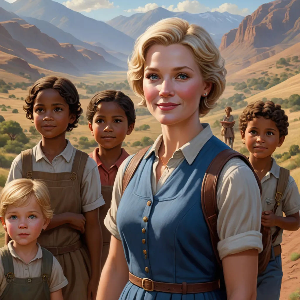a painting of a woman standing with children in a desert landscape with mountains in the background and a sky with clouds, fantastic realism, a painting, Dorothy Coke, promotional image