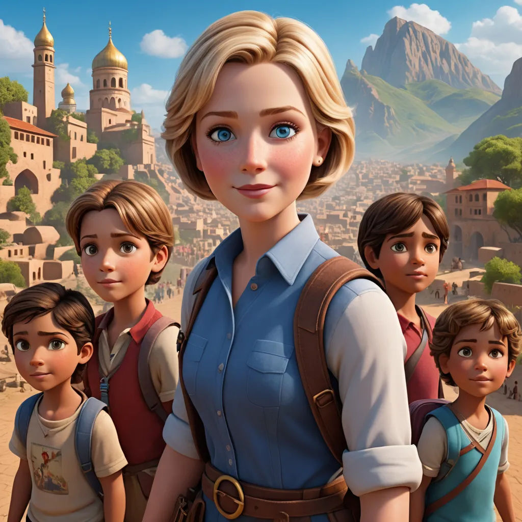 a cartoon character with a group of children in front of a cityscape with a mountain in the background, serial art, a character portrait, Altoon Sultan, promotional image