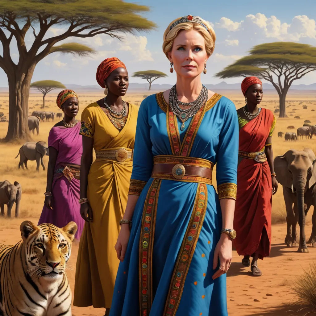 a painting of a woman standing in front of a group of people and a tiger in the background with trees and elephants, serial art, a detailed matte painting, Drew Struzan, orientalism