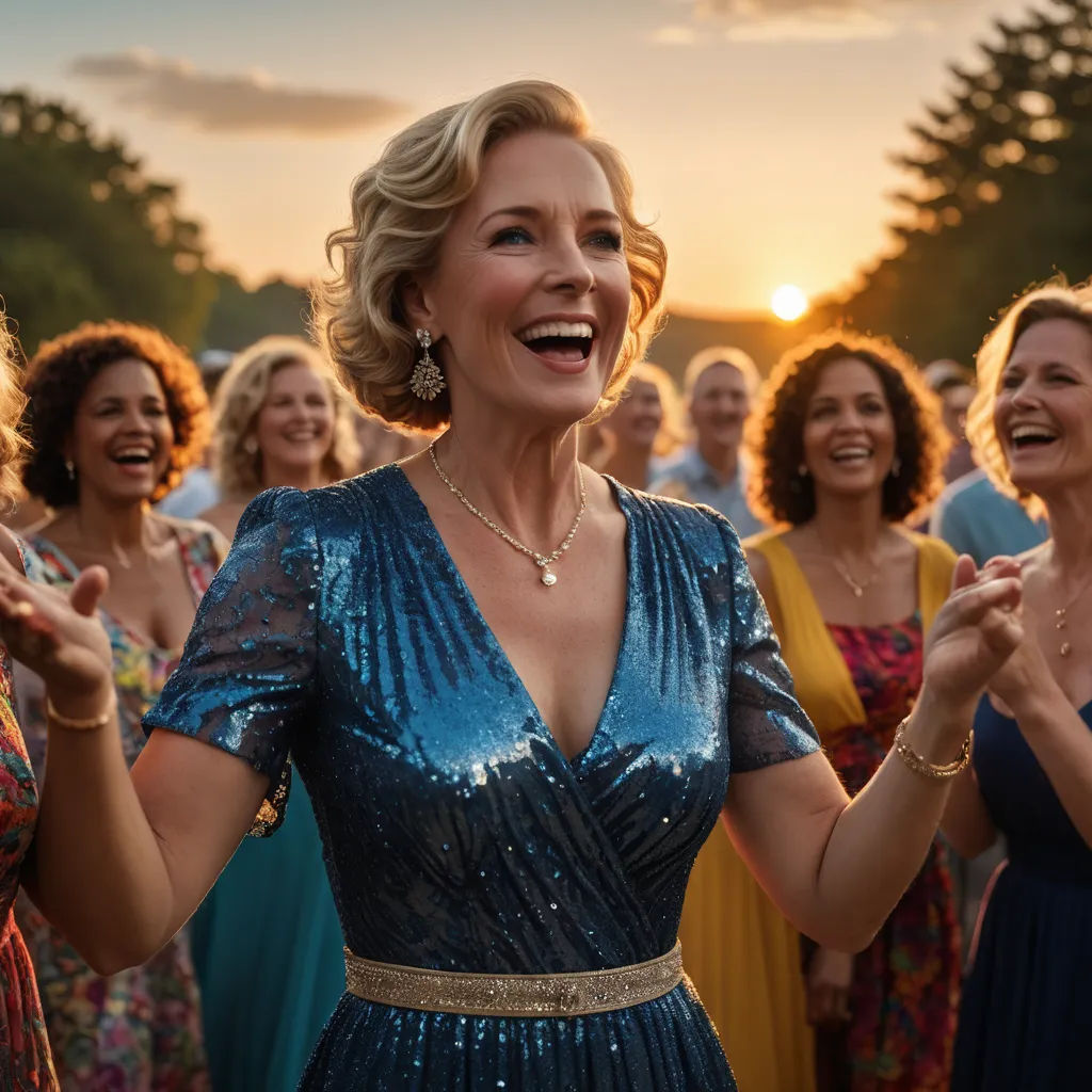 a woman in a blue dress is dancing with other women in dresses and necklaces on a field at sunset, kitsch movement, a poster, Constance Gordon-Cumming, promotional image