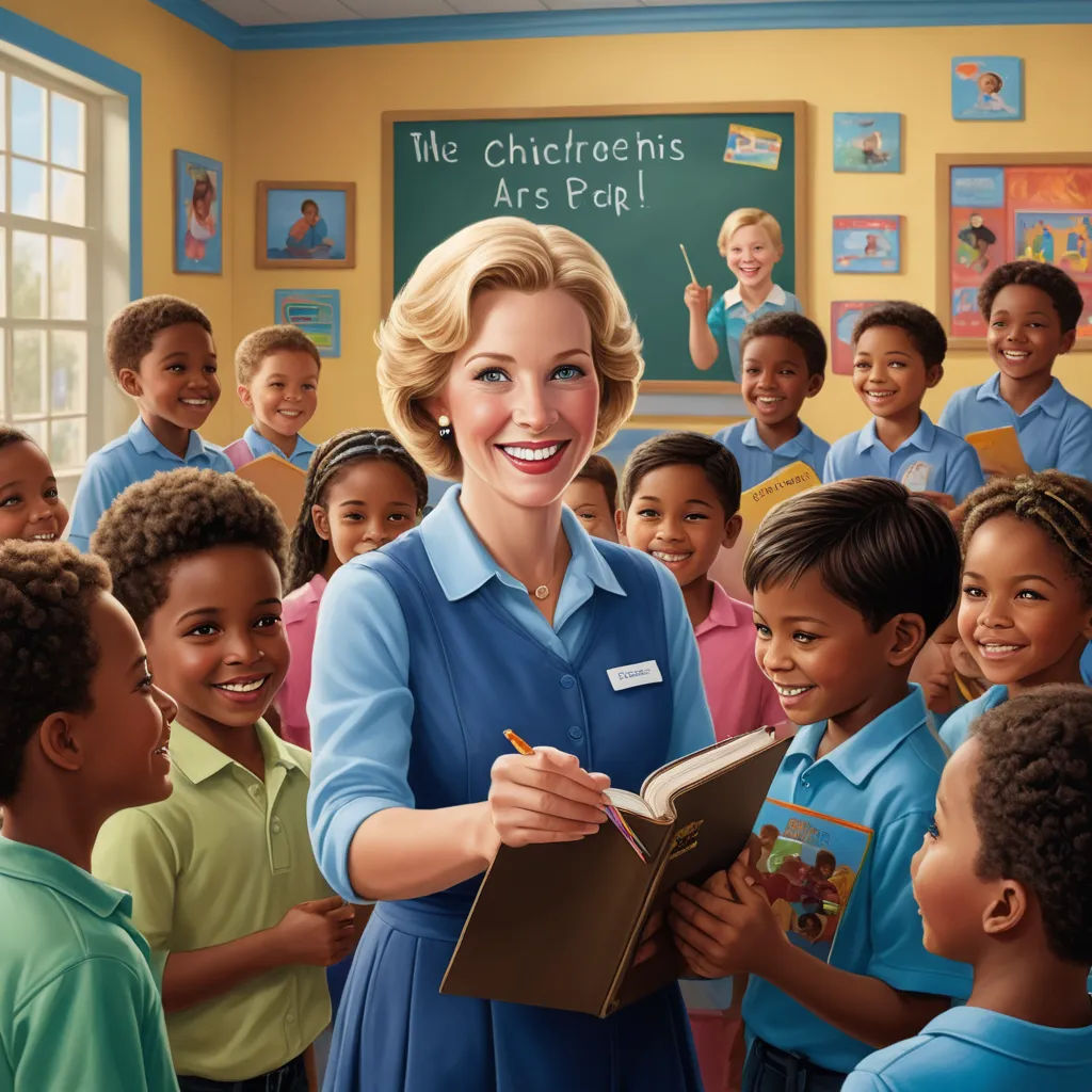 a woman is smiling while surrounded by children in a classroom with a book in her hand and a clipboard in her hand, american scene painting, a storybook illustration, Bob Byerley, storybook illustration