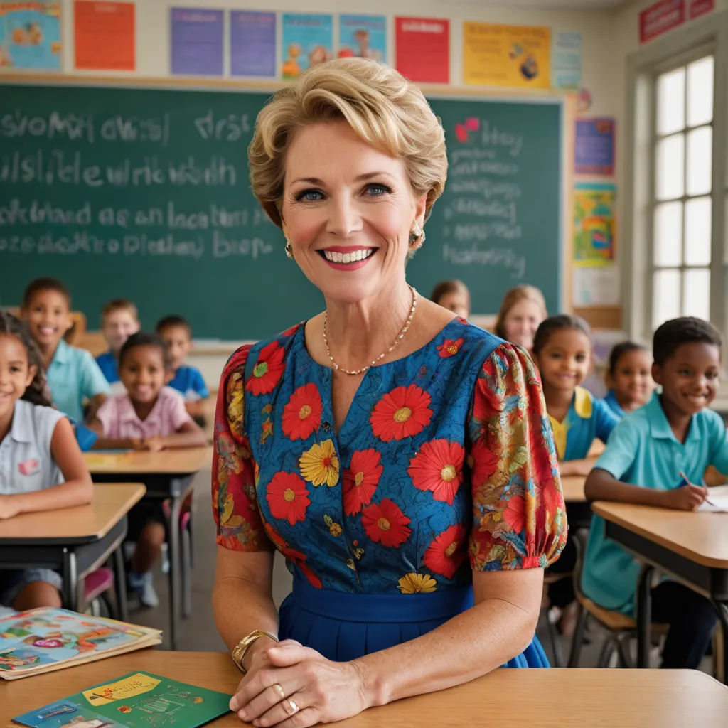 a woman in a colorful dress sitting at a desk in front of a group of children in a classroom, naive art, a character portrait, Anne Dunn, promotional image