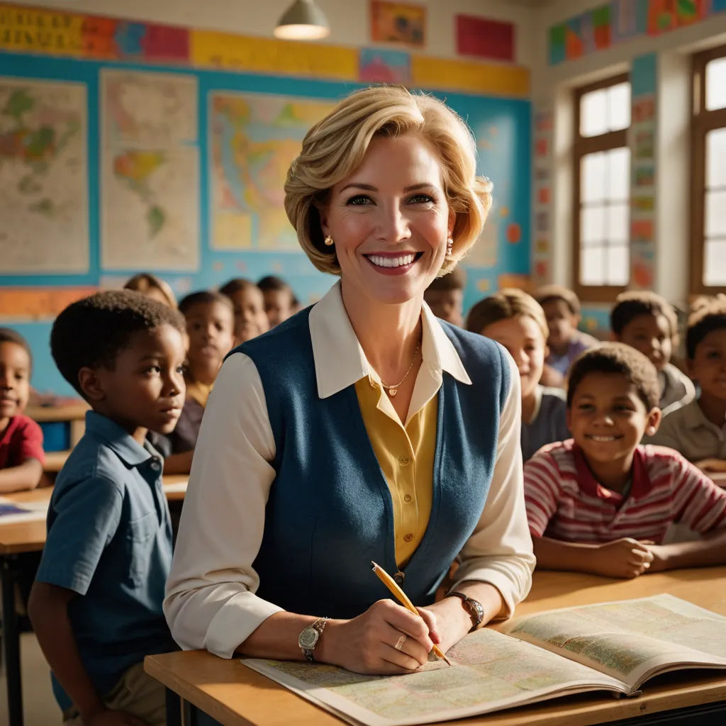 a woman sitting at a desk in front of a group of children in a classroom with a book and pencil, heidelberg school, a stock photo, Alison Debenham, promotional image