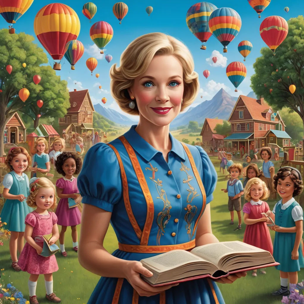 a woman holding a book in front of a group of children in a field with hot air balloons flying above, naive art, a storybook illustration, Bob Byerley, highly detailed digital painting