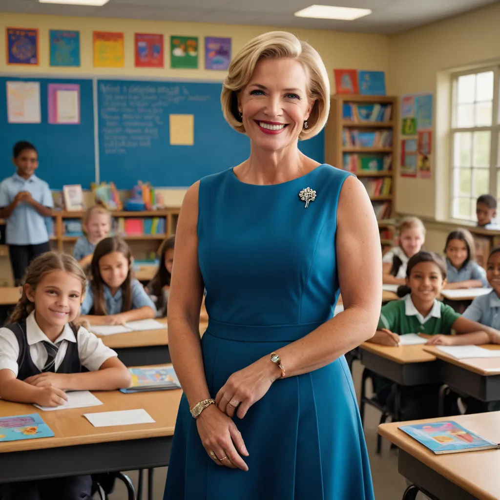 a woman standing in front of a classroom full of children with their books on the desks and smiling, heidelberg school, a character portrait, Anna Maria Barbara Abesch, promotional image
