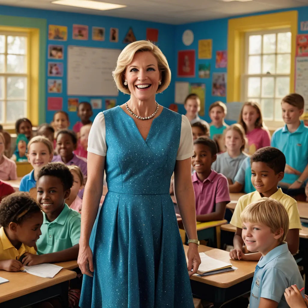 a woman standing in front of a classroom full of children in blue dresses and smiling at the camera with a teacher, naive art, a stock photo, Constance Copeman, promotional image