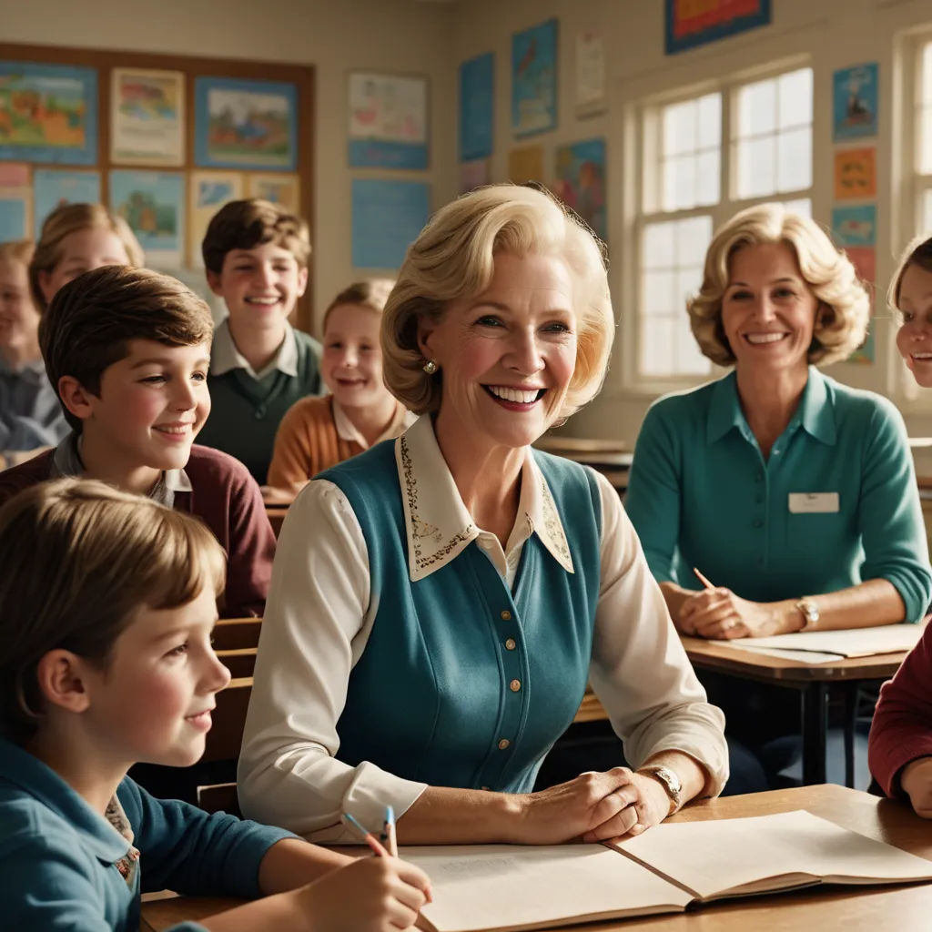 a woman sitting at a desk with a group of children in front of her and a teacher in the back, remodernism, a stock photo, Constance Copeman, promotional image
