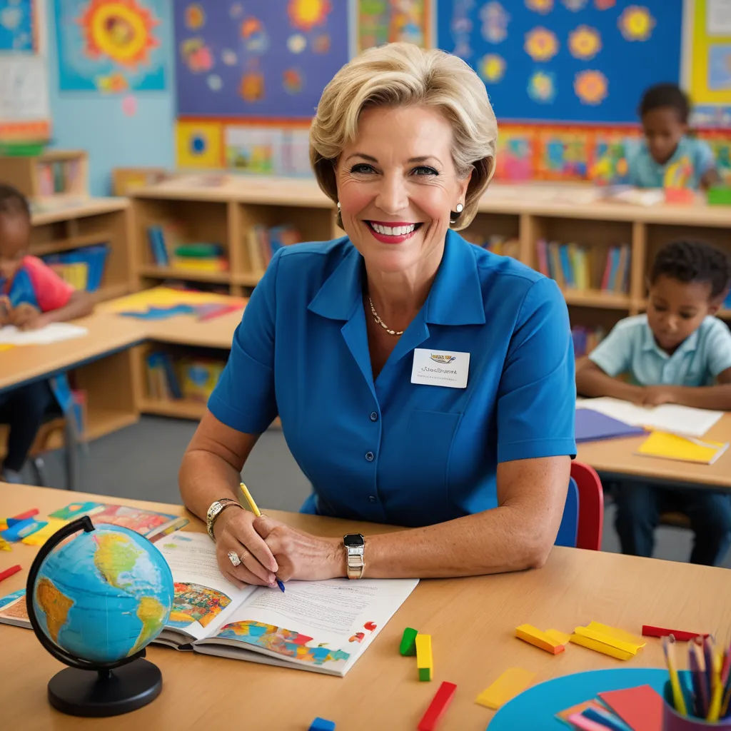 a woman sitting at a desk with a globe and books in front of her and children in the background, institutional critique, a stock photo, Alison Debenham, promotional image