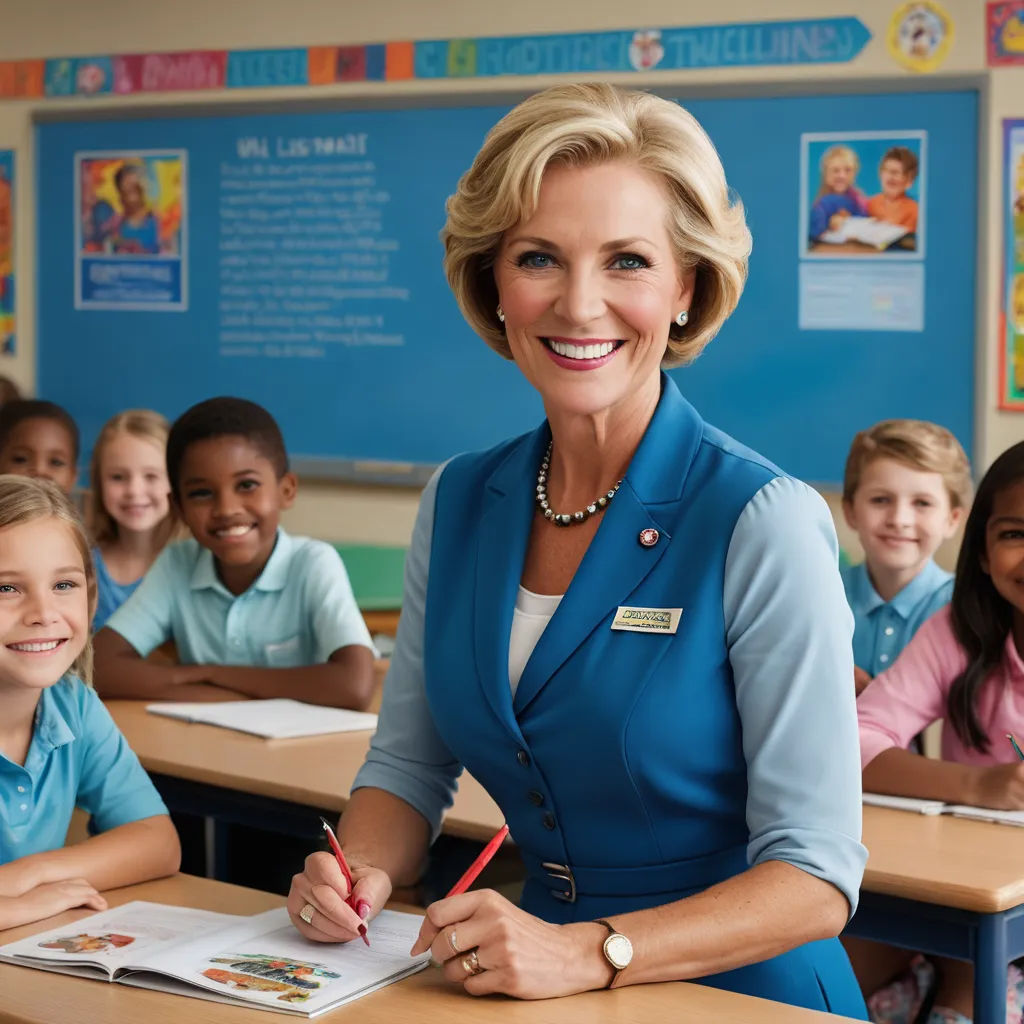 a woman standing in front of a classroom full of children with a book and pencil in her hand and smiling, northwest school, a stock photo, Constance Copeman, promotional image