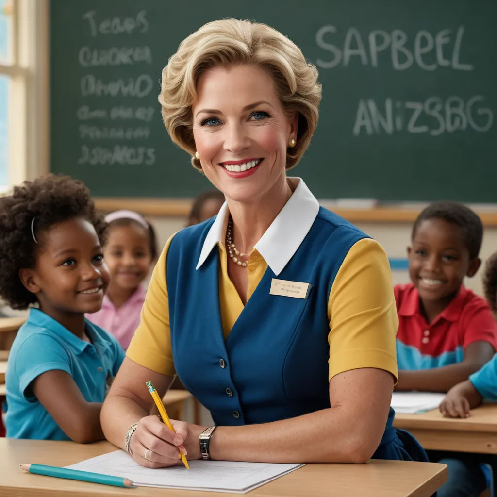 a woman sitting at a desk with a pencil in her hand and children behind her smiling at the camera, american barbizon school, a stock photo, Barbara Greg, promotional image