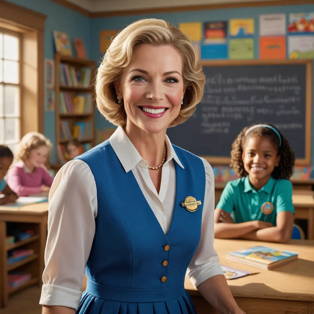 a woman in a blue dress standing in front of a classroom full of children in green shirts and green shirts, naive art, a character portrait, Ada Gladys Killins, promotional image