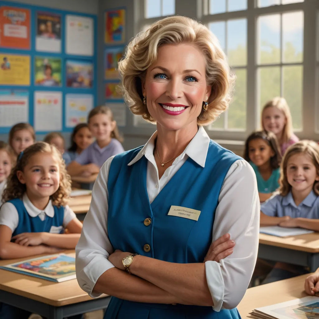 a woman standing in front of a classroom full of children with her arms crossed and smiling at the camera, american barbizon school, a character portrait, Bob Byerley, promotional image