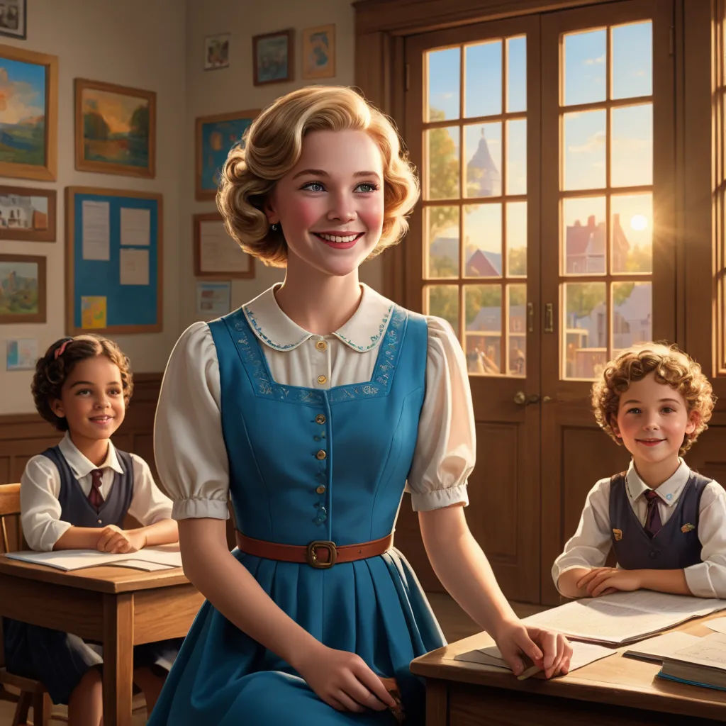 a woman in a blue dress standing in front of a desk with two children in the background and a window, american scene painting, a storybook illustration, Anne Said, official art