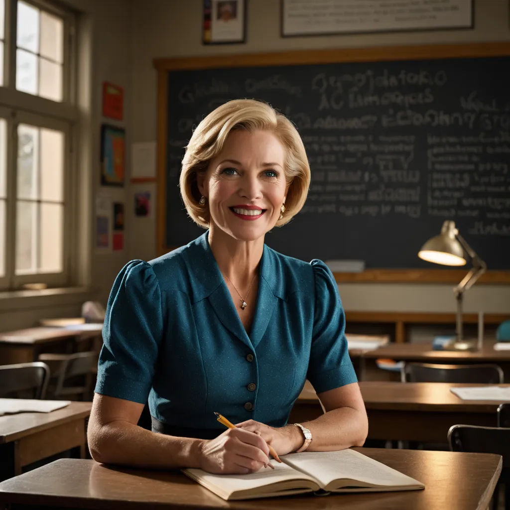 a woman sitting at a desk with a book and pen in her hand and a blackboard behind her, vancouver school, a character portrait, Anne Dunn, promotional image
