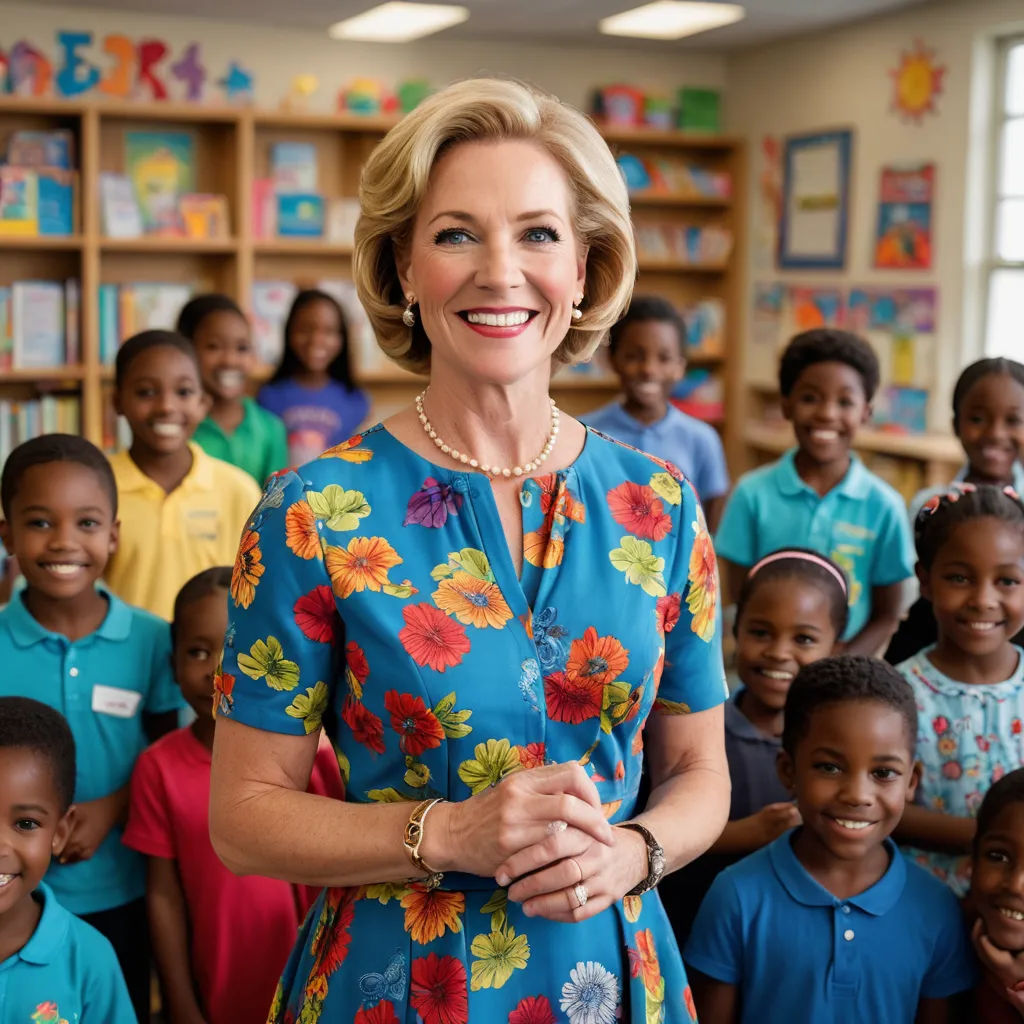 a woman standing in front of a group of children in a library with a teacher in the background smiling, heidelberg school, a character portrait, Anne Dunn, promotional image