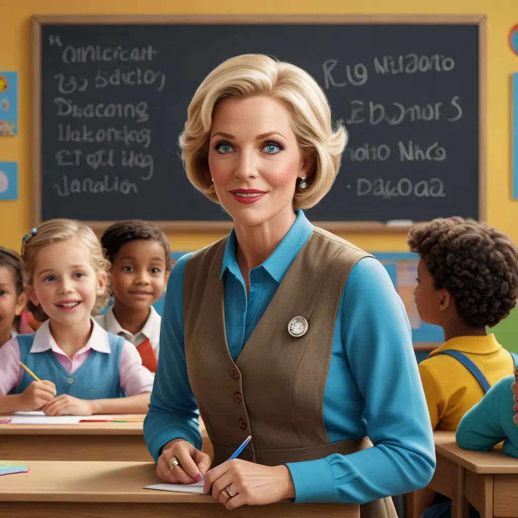 a woman standing in front of a classroom full of children with a teacher in front of her and a chalkboard behind her, naive art, a photorealistic painting, Constance Copeman, promotional image
