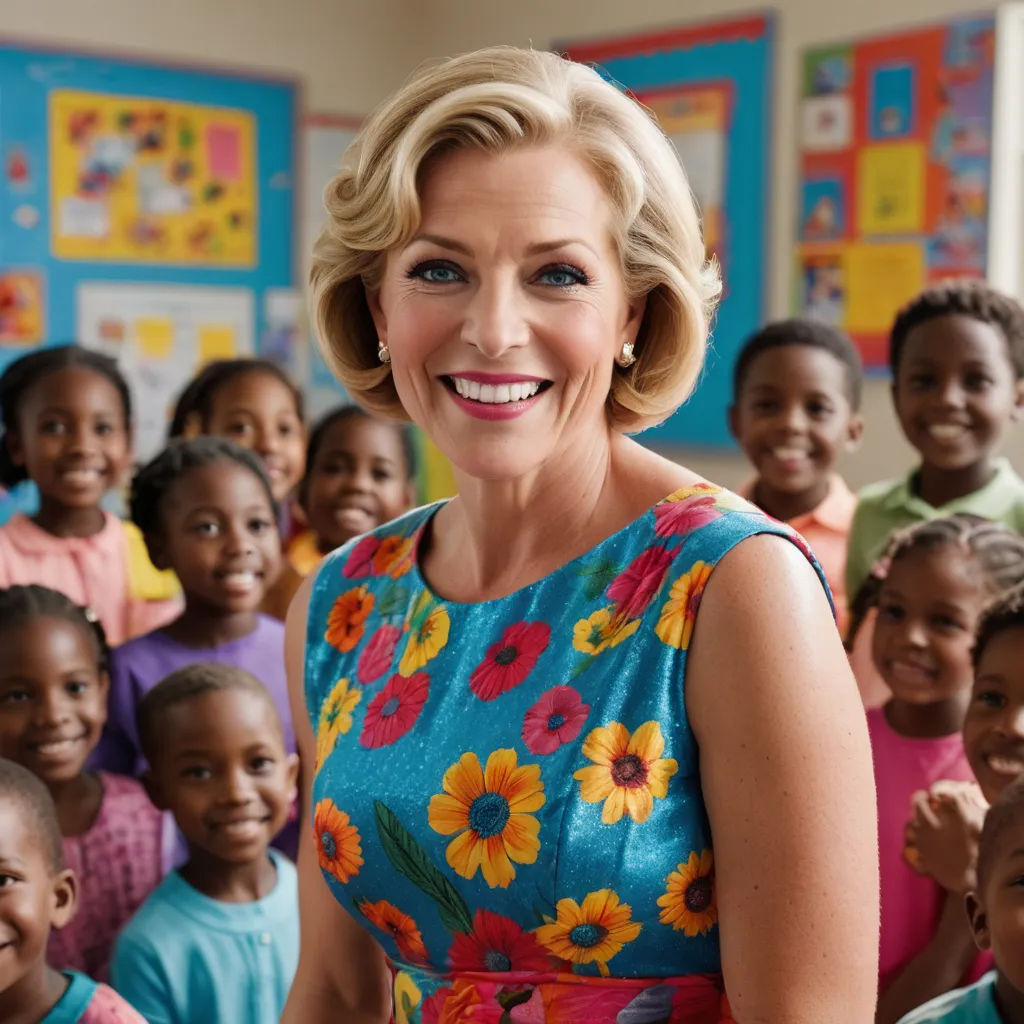 a woman standing in front of a group of children in a classroom with a smiling woman in front of them, naive art, a character portrait, Alison Debenham, promotional image