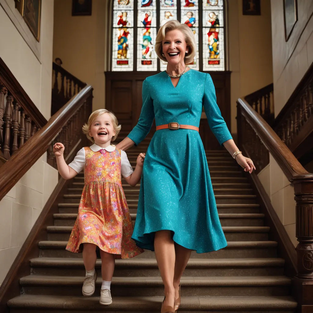 a woman and a little girl walking down a set of stairs together in front of a stained glass window, heidelberg school, a storybook illustration, Constance Copeman, promotional image