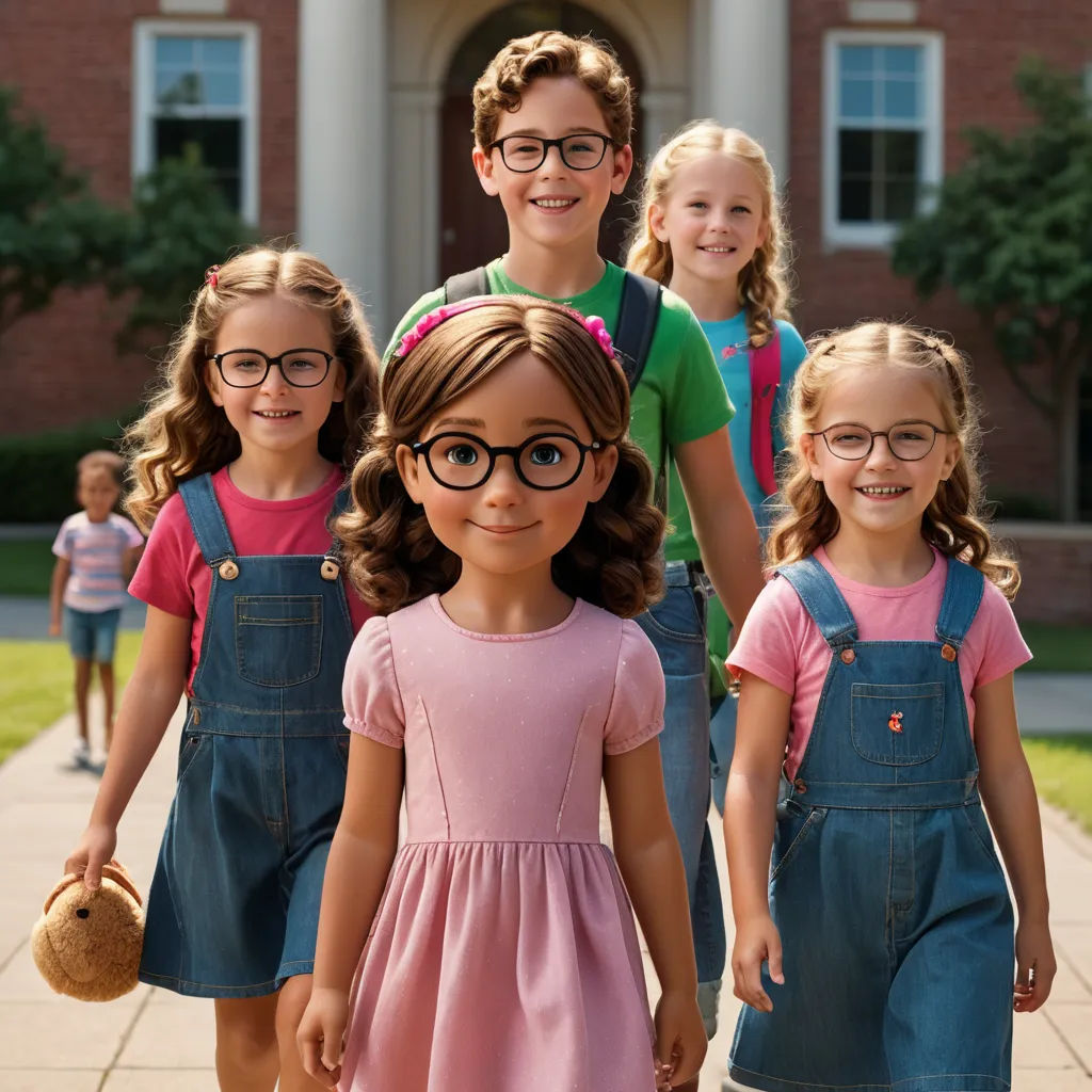 a group of children standing in front of a building with a building in the background and a brick building with a door, northwest school, a stock photo, disney, promotional image