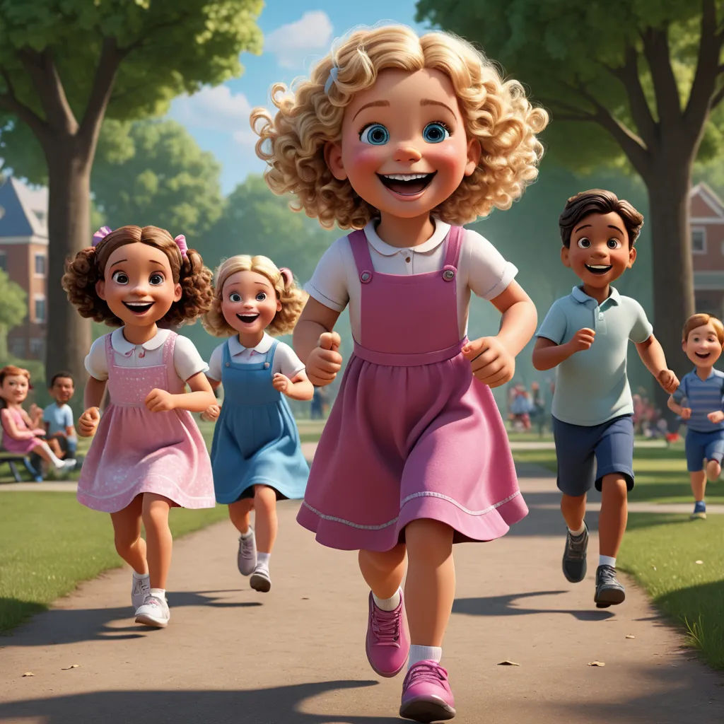 a group of children running down a sidewalk in a cartoon style scene with a woman in a pink dress, kitsch movement, a comic book panel, disney, pixar and disney animation