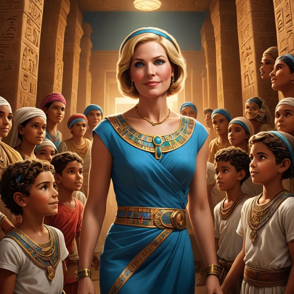 a woman in a blue dress surrounded by a group of children in egyptian costumes and headdress,, unilalianism, egyptian art, Evelyn Abelson, promotional image