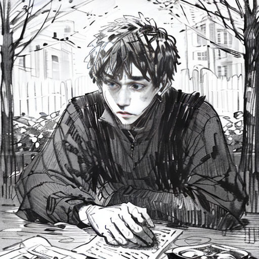 a drawing of a man sitting at a table with a book and pen in his hand and a book in front of him