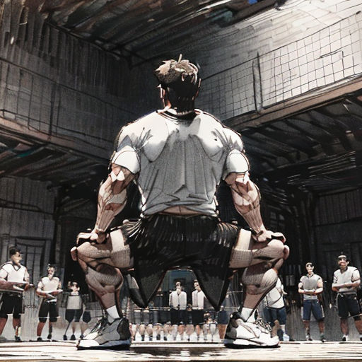 a man in a white shirt and black shorts standing in front of a group of men in a warehouse