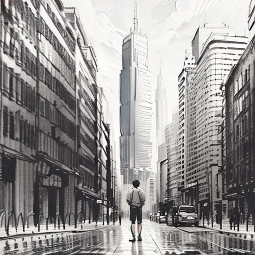 a man walking down a street next to tall buildings in a city with a sky scraper effect on the ground