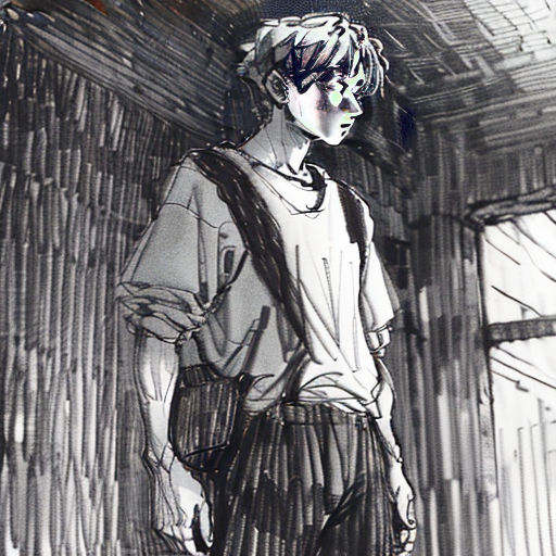 a drawing of a boy with a backpack and a skateboard in a room with a wall of bamboo