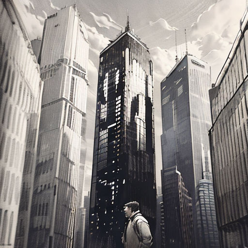 a man standing in front of a city skyline with tall buildings in the background and a sky line in the foreground