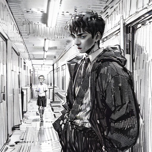 a man standing in a hallway next to a wall with a backpack on it's back and a person walking down the hallway