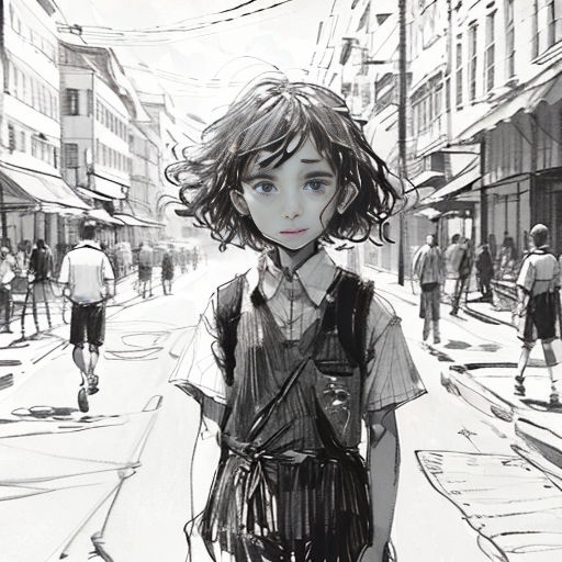 a drawing of a girl standing on a street corner with a backpack on her back and people walking on the sidewalk