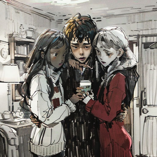 a group of people standing next to each other in a room with a lamp on the ceiling and a painting of them