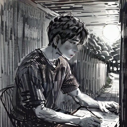 a drawing of a woman sitting at a table with a laptop computer in her hand and a light shining on her face