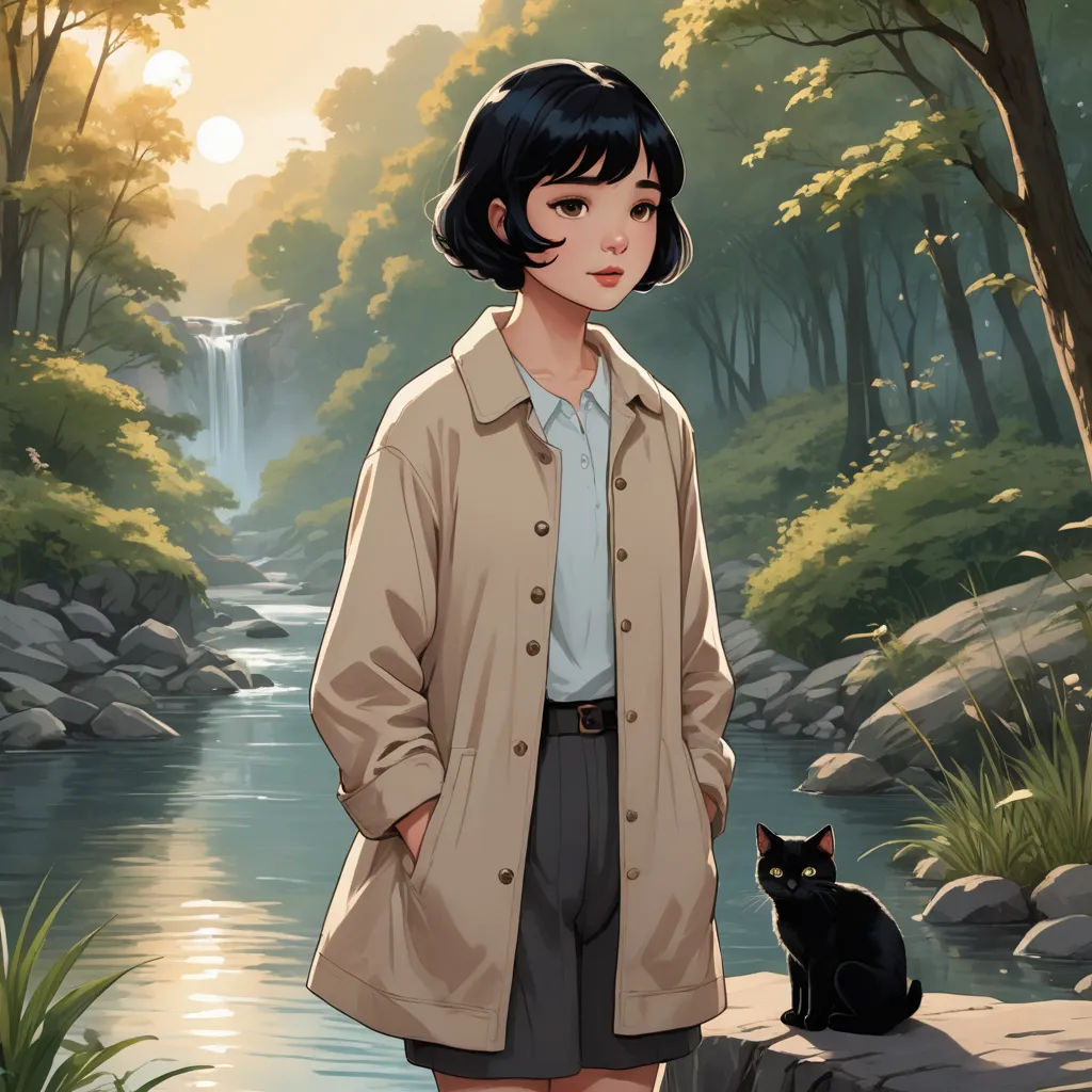 a woman standing next to a black cat in a forest next to a river with a waterfall in the background, serial art, a character portrait, Atey Ghailan, official art