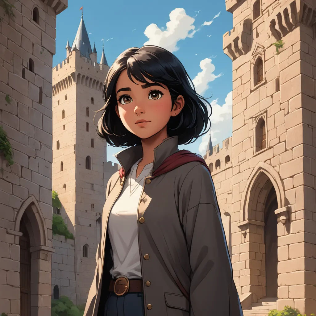 a woman standing in front of a castle with a castle in the background and a sky background with clouds, fantasy art, a character portrait, Cedric Seaut (Keos Masons), rossdraws global illumination