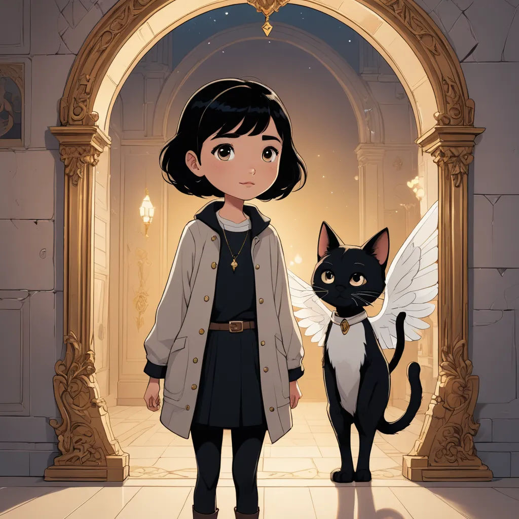 a cartoon of a girl and a cat standing in a doorway with an archway way in the background and a cat standing in front of her, fantasy art, a character portrait, Cliff Childs, key art