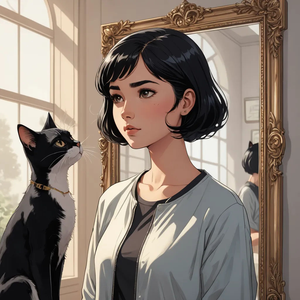 a woman standing next to a cat looking at herself in a mirror with a cat on her lap and a mirror behind her, aestheticism, a character portrait, Atey Ghailan, official art
