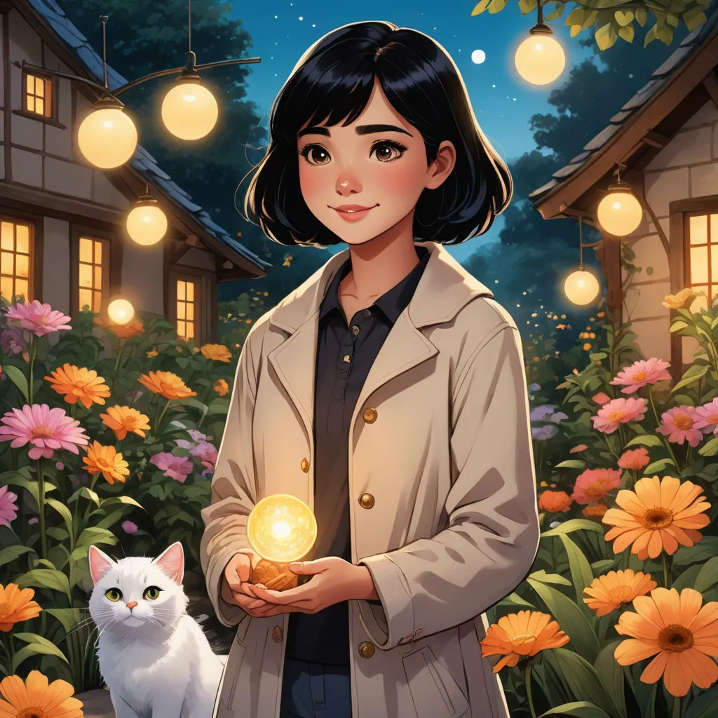 a woman holding a lite up cat in her hands in front of a house with flowers and lights, fantasy art, a storybook illustration, Artgerm, comic cover art