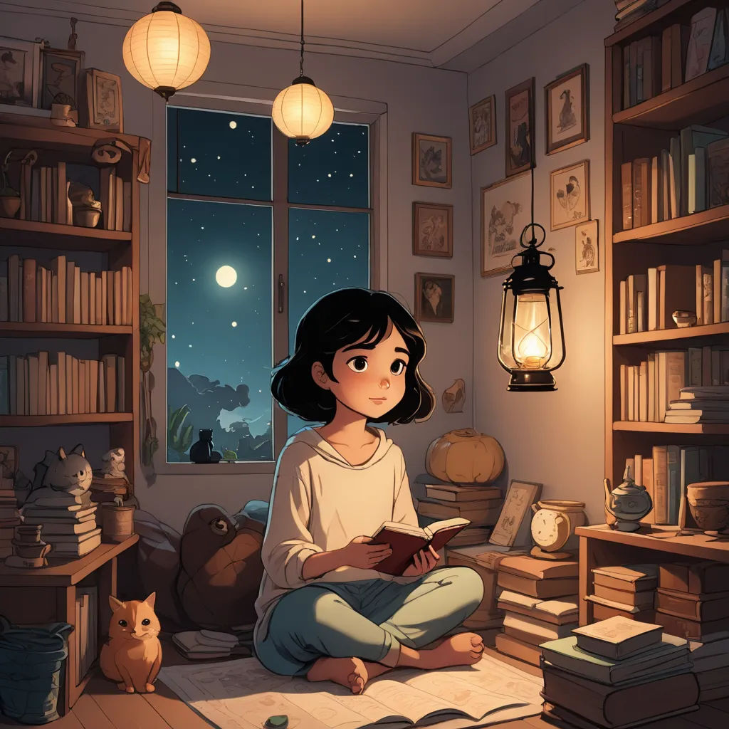a girl sitting on the floor reading a book in a room with a cat and a lamp hanging from the ceiling, fantasy art, a storybook illustration, Atey Ghailan, storybook illustration