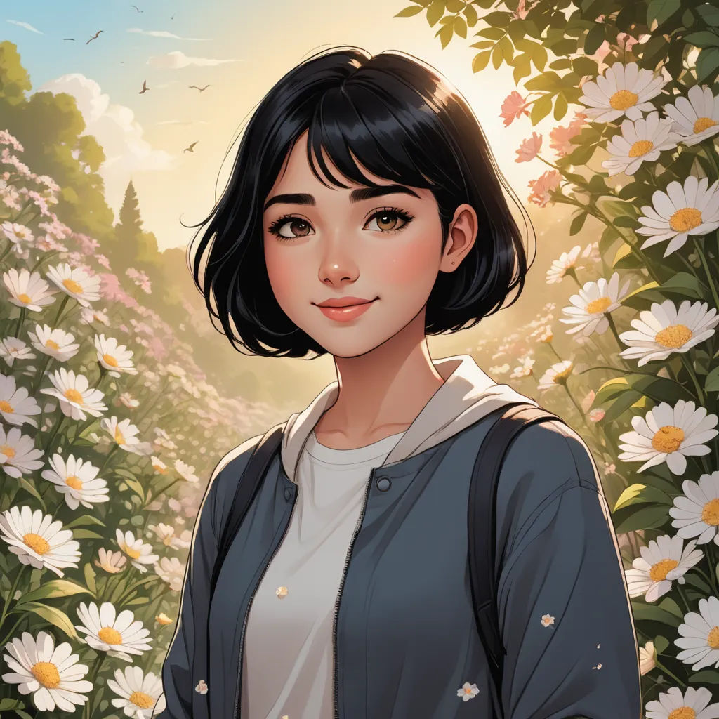 a woman standing in a field of flowers with a sun in the background and a sky in the background, fantasy art, a character portrait, Artgerm, rossdraws global illumination