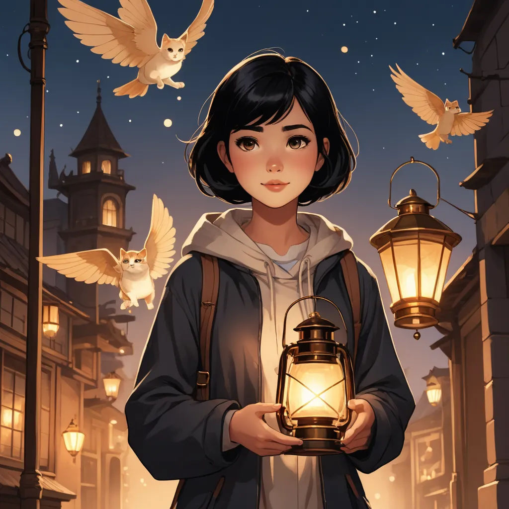a girl holding a lantern with a cat flying above her and a cat flying above her, in front of a building with a clock tower, fantasy art, a storybook illustration, Atey Ghailan, rossdraws global illumination