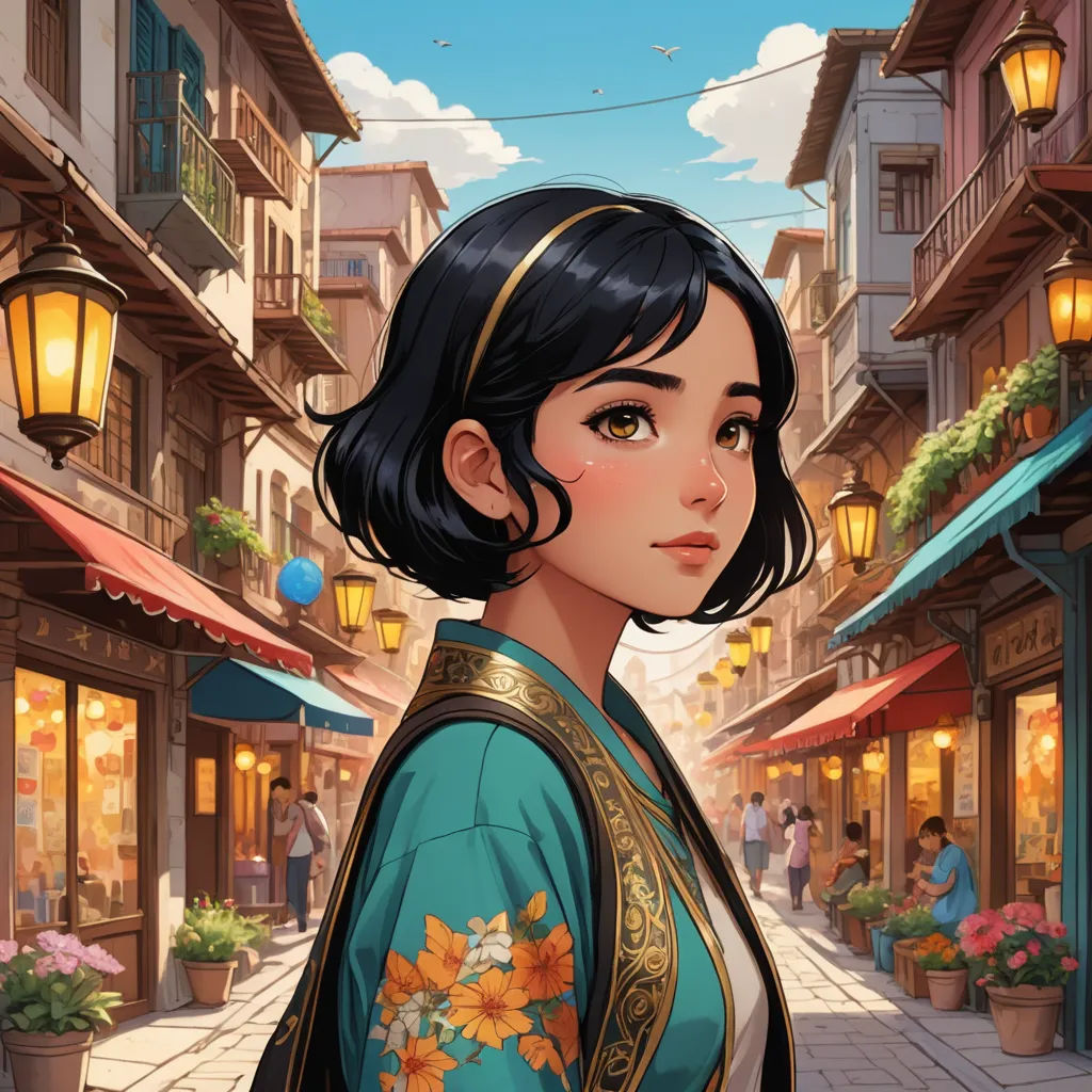 a woman in a blue dress standing in front of a building with a street light above her head and a street lamp above her head, cloisonnism, a character portrait, Artgerm, rossdraws global illumination