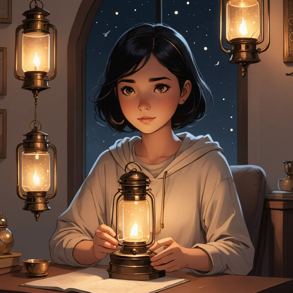 a girl holding a lantern in front of a window at night with stars in the sky behind her and a book on the table, fantasy art, a storybook illustration, Atey Ghailan, rossdraws global illumination